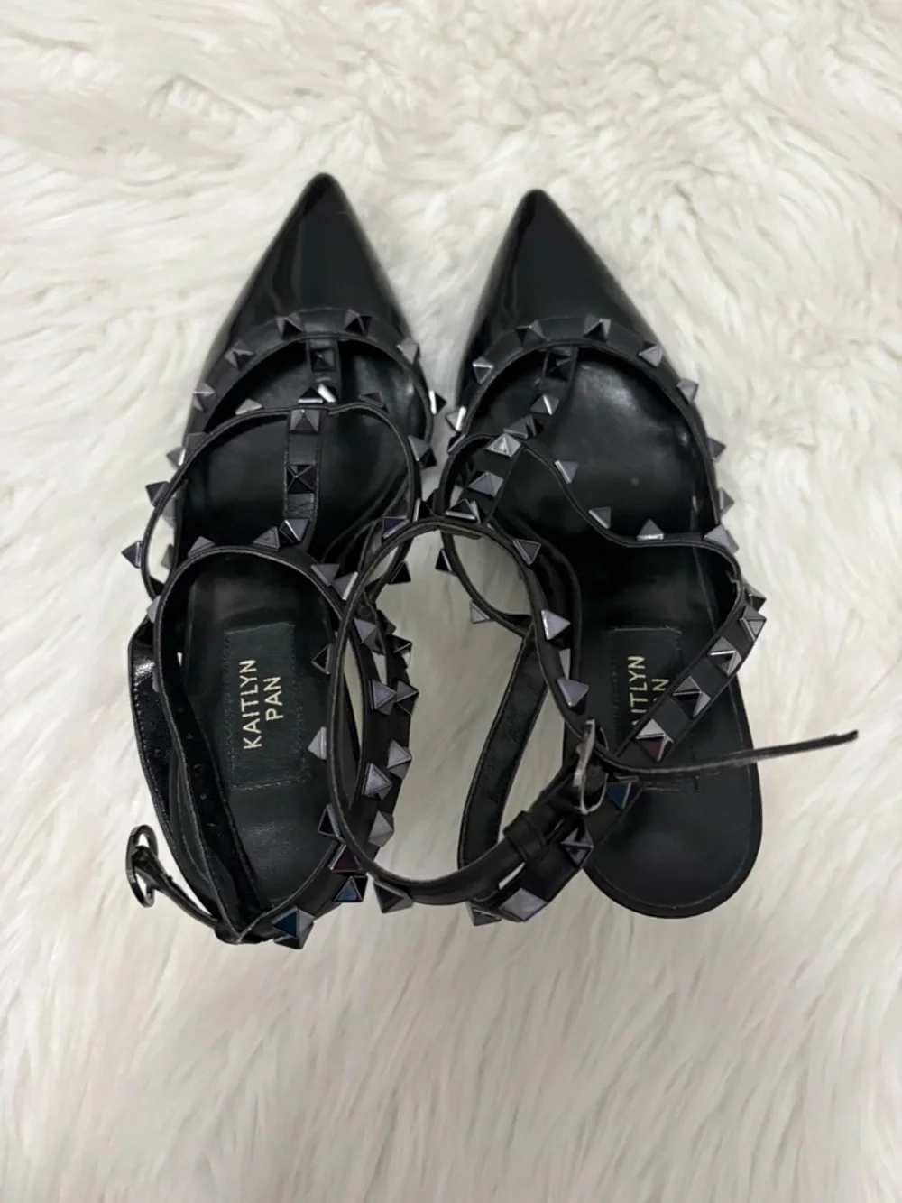 Kaitlyn Pan Black Goth Whimsigoth Fairygoth Studded Pointed-Toe Slingback Heels - Picture 2 of 5